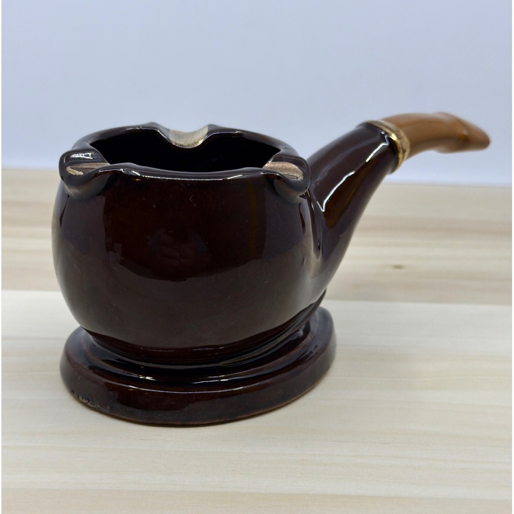Vintage Ceramic Pipe Shaped Ashtray Brown Glazed Novelty Tobacciana Decor